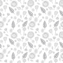 Seamless pattern with graphical leaves, flowers and plants.