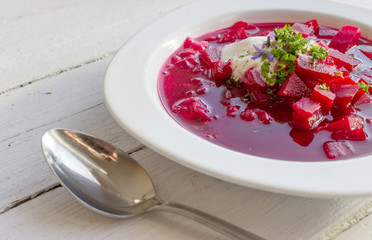 vegetable soup / Vegetable soup with beetroot, cream and herbs