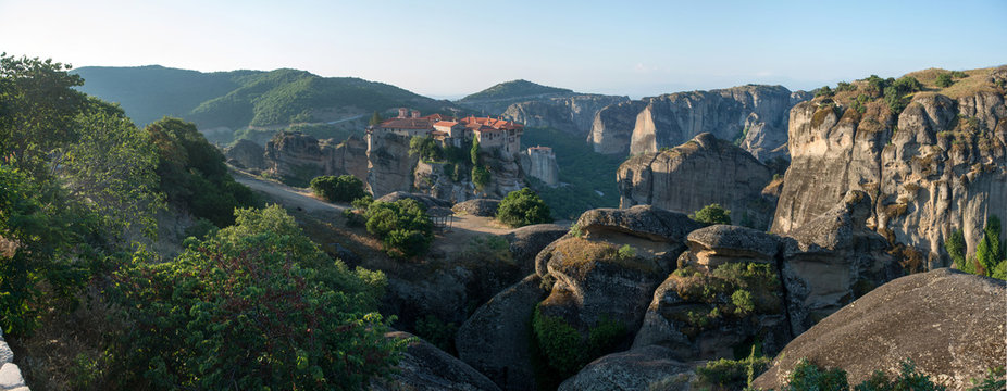 The Holy Monastery of Varlaam in Meteora - complex of Eastern Orthodox monasteries at sunrise, Greece