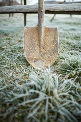Shovel on frozen lawn