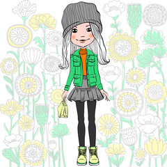 Cute beautiful fashionable hipster girl and pattern of doodles and flowers. T-shirt Graphics. Girl print.