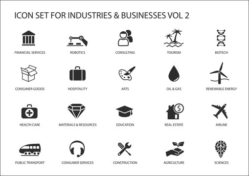 Business icons and symbols of various industries / business sectors like consulting,tourism,hospitality,agriculture,renewable energy,real estate,consumer services,construction,financial services
