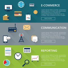 three banners inflat style with icons. e-commerce or online shopping, communication, report