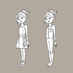 Black & white сute teen girl in two fashion 
outfits. Body template. Vector illustration