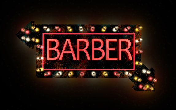 Insegna al neon di un negozio di barbiere, lampadine colorate, barberia, salone, barba e capelli, cultura hipster