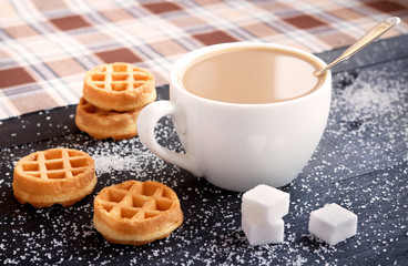 morning delicious breakfast - coffee with milk, waffles, sugar