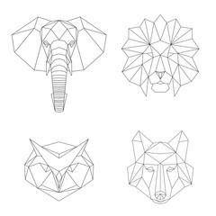Vector geometric low poly illustrations set. Lion, elephant, wolf and owl animal heads.