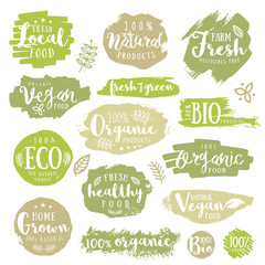 Hand drawn set of Green, eco, organic, vegan, natural, farm, fresh, food, healthy, 100%, bio, labels. Vector restaurant or product package design.