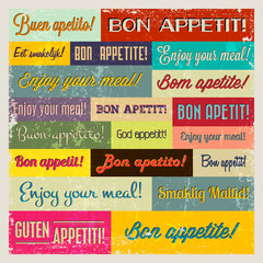 Retro Typography, "Enjoy your meal" vintage signs in many languages. Vector menu design. Texture effects can be turned off.