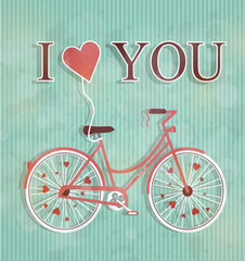 Happy Valentines day illustration. Cute romantic woman's bicycle with flying heart and inscription i love you. Heart shape. Symbol of love. Vintage style holiday greeting card. Retro postcard design. 