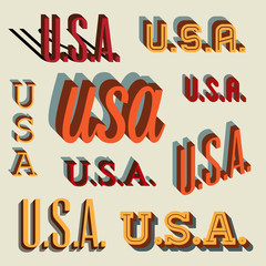 3D Retro typography set, USA, editable vector design.