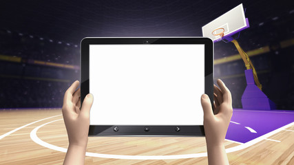 hand holding tablet empty screen with basket ball arena background
