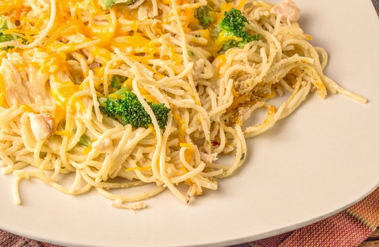 Chicken Alfredo. Serving of chicken alfredo with cheese and broccoli on a white plate.