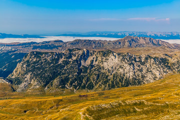 Helicopter aerial photo at Durmitor national park in the Montenegro continental part.
