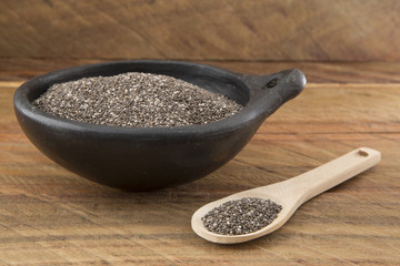 chia seeds in wooden spoon.