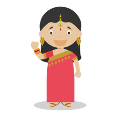 Character from India. Indian girl dressed in the traditional way with sari. Vector Illustration. Kids of the World Collection.