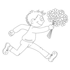 Illustration of a cartoon boy running with flowers.