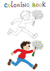 Illustration of a cartoon boy running with flowers.