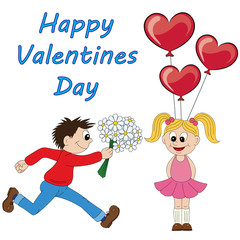 Illustration of a cartoon boy running with a flowers and cartoon girl with balloons. Valentine's Day