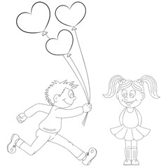 Illustration of a cartoon boy running with a balloons and cartoon girl. Valentine's Day