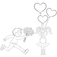 Illustration of a cartoon boy running with a bunch of flowers and cartoon girl with balloons. Valentine's Day
