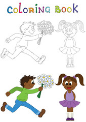 Illustration of a cartoon african boy running with a bunch of flowers and cartoon african girl. Valentine's Day