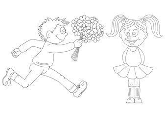 Fototapeta na wymiar Illustration of a cartoon boy running with a bunch of flowers and cartoon girl. Valentine's Day