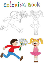 Illustration of a cartoon boy running with a bunch of flowers and cartoon girl. Valentine's Day