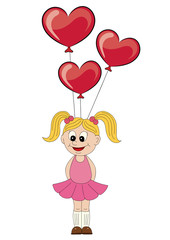 Illustration of a cartoon girl with balloons in the form of heart