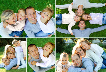Collage of happy family at the park on holiday