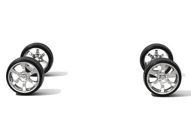 Naklejka na ściany i meble Car wheels on white background - 3d illustration
