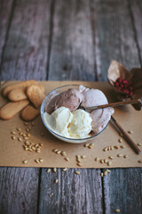 vanilla, chocolate, berry ice cream in a bowl with a spoon on a wooden table with nuts and biscuits