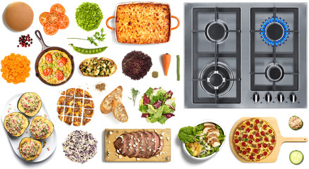 Food collection on white background with stove