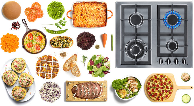 Food collection on white background with stove