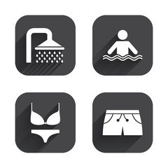 Swimming pool icons. Shower and swimwear signs.