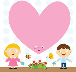 A boy and a girl water flowers and a heart bloom above