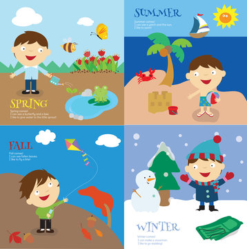 A boy playing in all four seasons