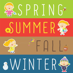 A sign that has all four seasons written on it