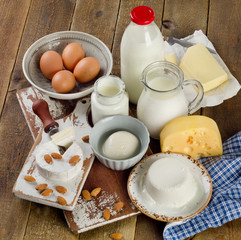 Healthy dairy products on rustic wooden table.