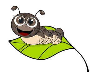 Cute smiling cartoon caterpillar on fresh green leaf