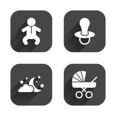 Moon and stars. Baby infant icon. Buggy, dummy.