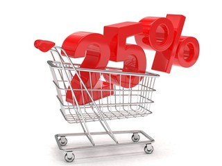 discount 25%, shopping cart on white background. 