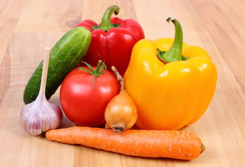 Fresh ripe vegetables on wooden surface, healthy lifestyle and nutrition
