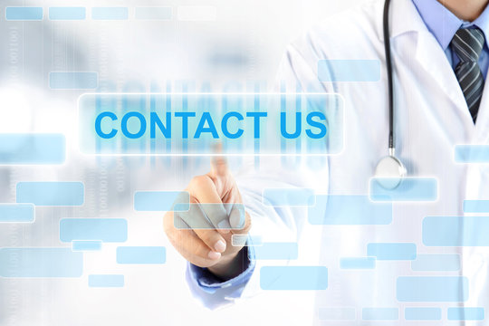 Doctor hand touching CONTACT US sign on virtual screen