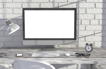 Fototapeta premium 3D illustration PC screen on table in office, Workspace