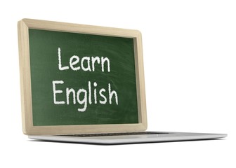  Laptop with chalkboard, learn english, online education concept