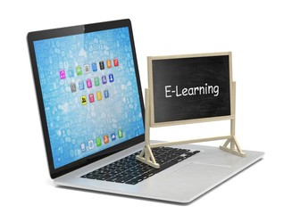  Laptop with chalkboard, e-learning, online education concept