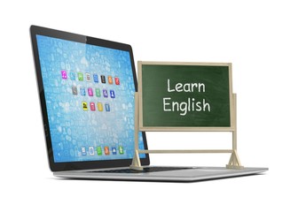  Laptop with chalkboard, learn english, online education concept