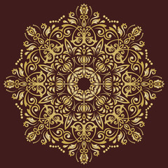 Oriental vector pattern with arabesques and floral elements. Traditional classic brown and golden ornament