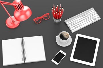 office stuff on table, workplace, top view